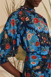 Robe midi Floral Arabesque - Bleu