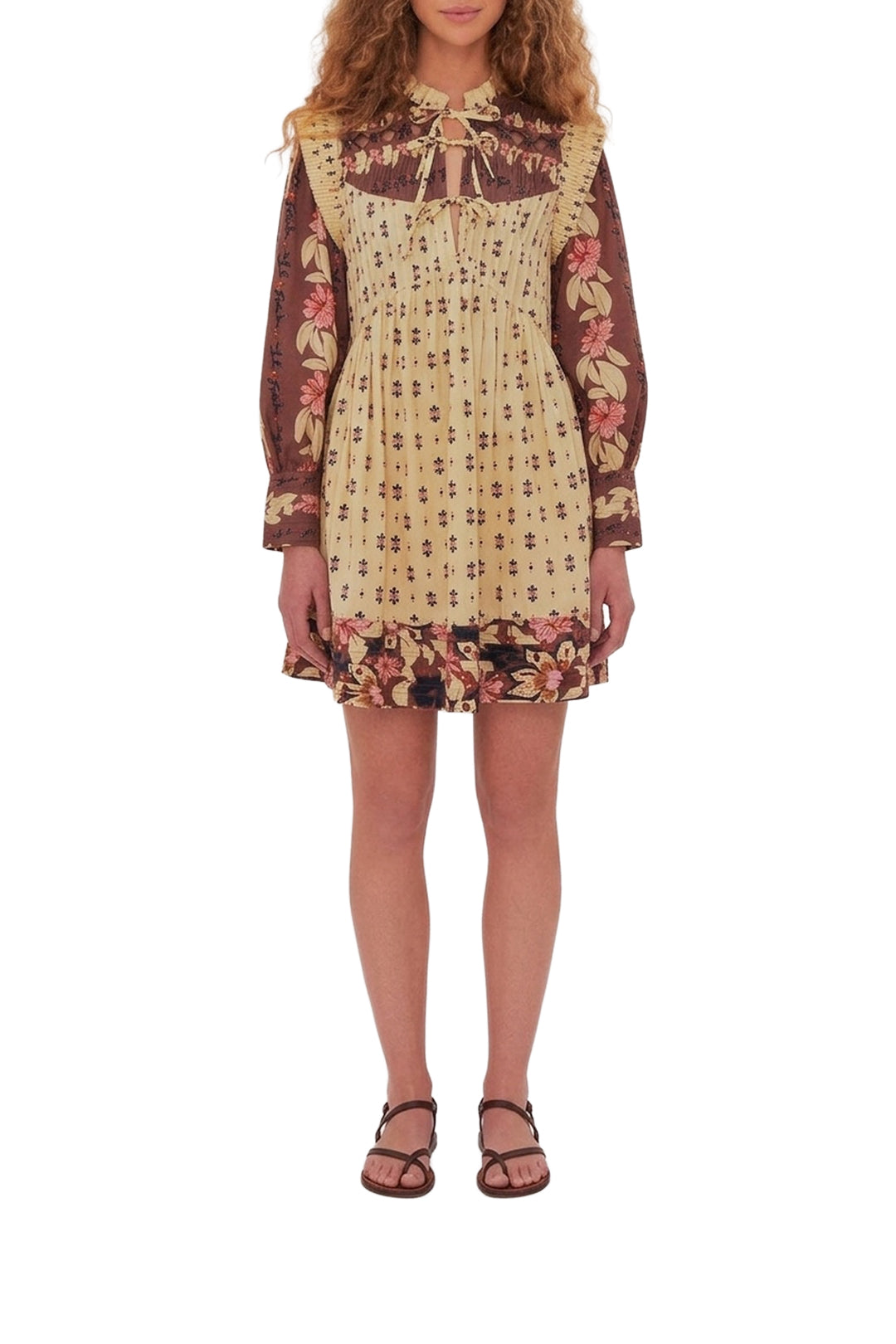 Robe courte à motif floral en coton - Beige