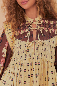 Robe courte à motif floral en coton - Beige