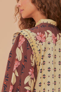 Robe courte à motif floral en coton - Beige