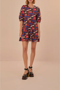 Robe courte Mushrooms à manches bouffantes en coton - Rouge
