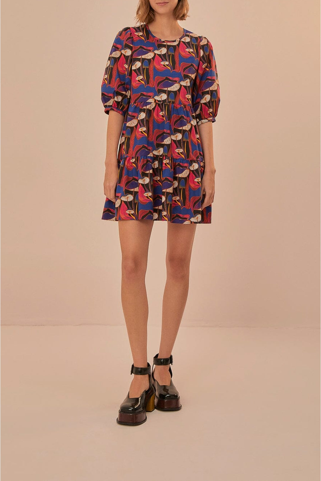 Robe courte Mushrooms à manches bouffantes en coton - Rouge