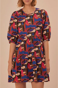 Robe courte Mushrooms à manches bouffantes en coton - Rouge