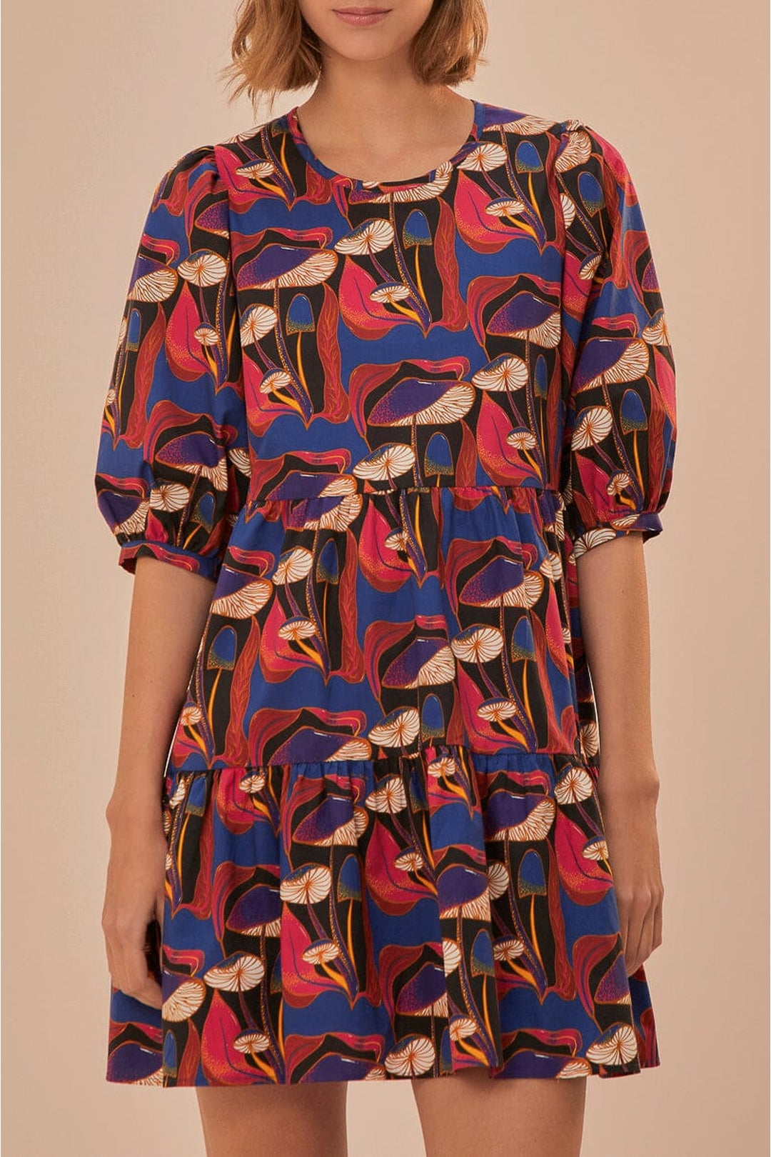Robe courte Mushrooms à manches bouffantes en coton - Rouge
