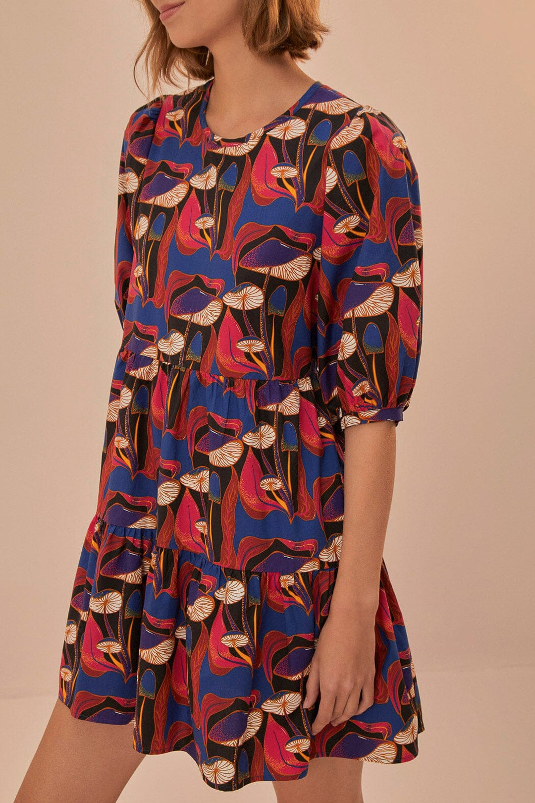 Robe courte Mushrooms à manches bouffantes en coton - Rouge