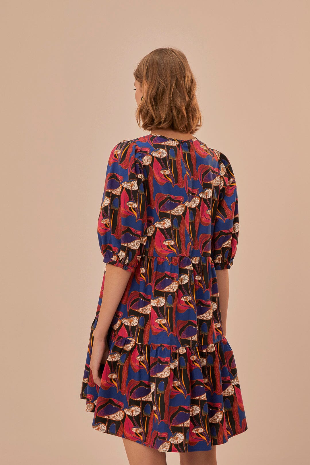 Robe courte Mushrooms à manches bouffantes en coton - Rouge