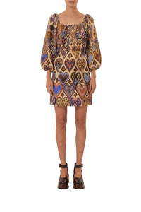 Short, long-sleeved Ikat linen dress - Beige