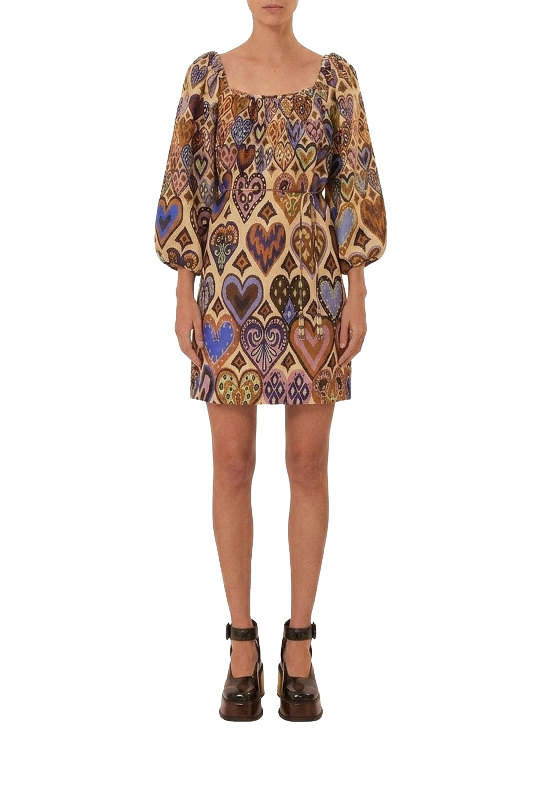 Short, long-sleeved Ikat linen dress - Beige