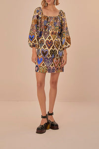Robe courte Ikat à manches longues en lin - Beige