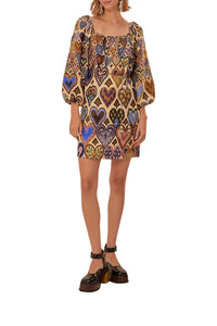 Robe courte Ikat à manches longues en lin - Beige