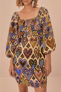 Robe courte Ikat à manches longues en lin - Beige