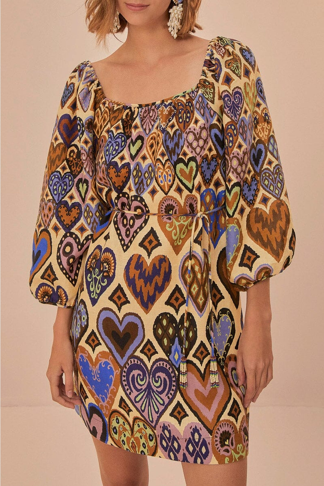 Robe courte Ikat à manches longues en lin - Beige