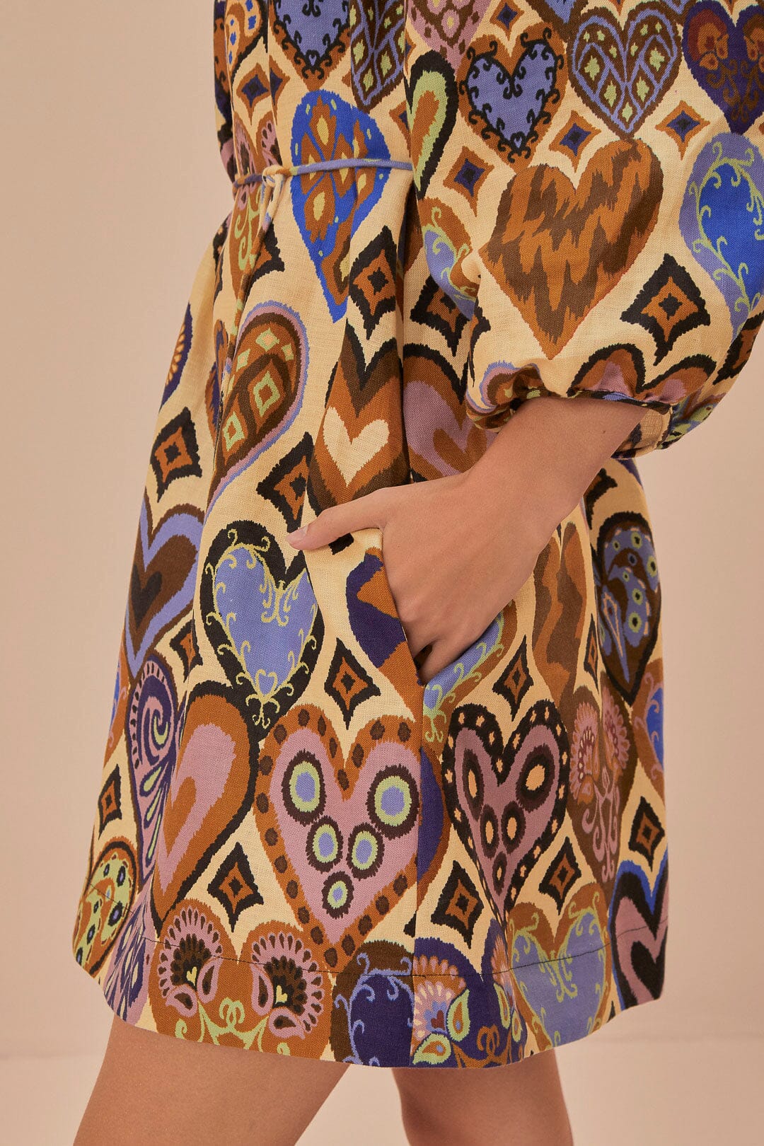 Robe courte Ikat à manches longues en lin - Beige