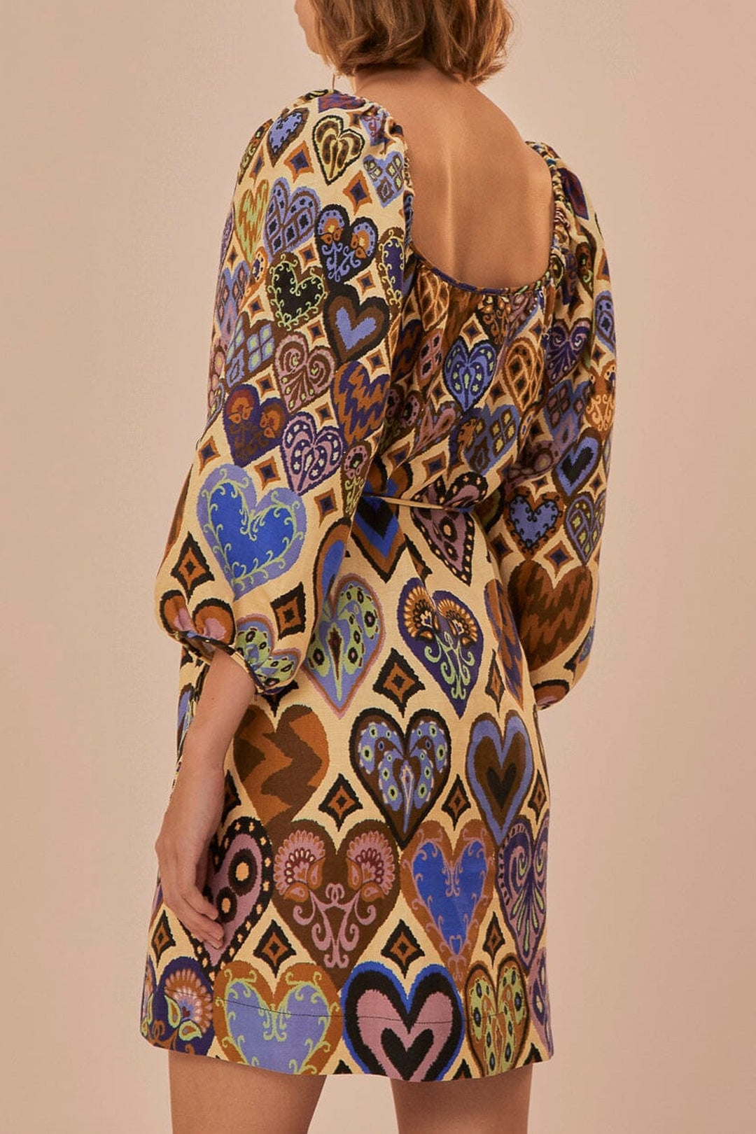 Robe courte Ikat à manches longues en lin - Beige