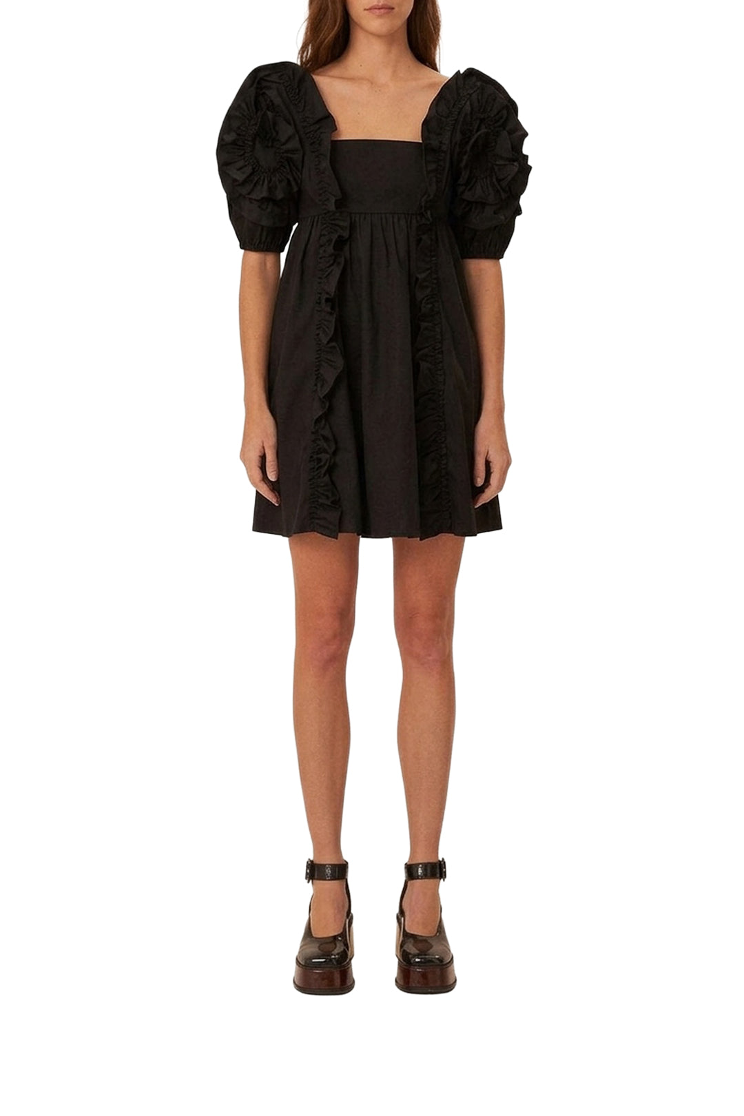 Robe courte à manches courtes et volants en coton - Noir
