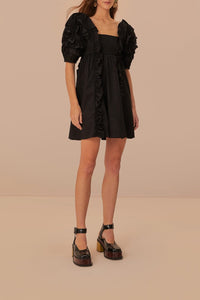 Robe courte à manches courtes et volants en coton - Noir