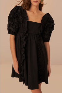 Robe courte à manches courtes et volants en coton - Noir