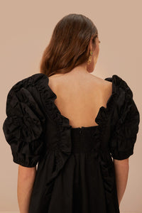 Robe courte à manches courtes et volants en coton - Noir