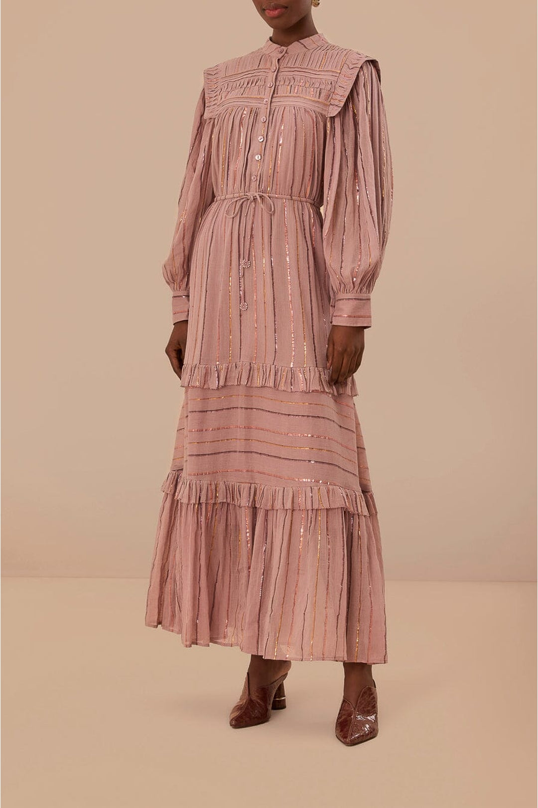 Robe longue à volants et empiècement plissé en coton - Rose