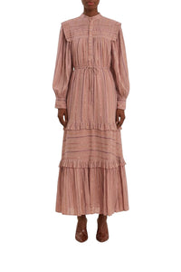 Robe longue à volants et empiècement plissé en coton - Rose