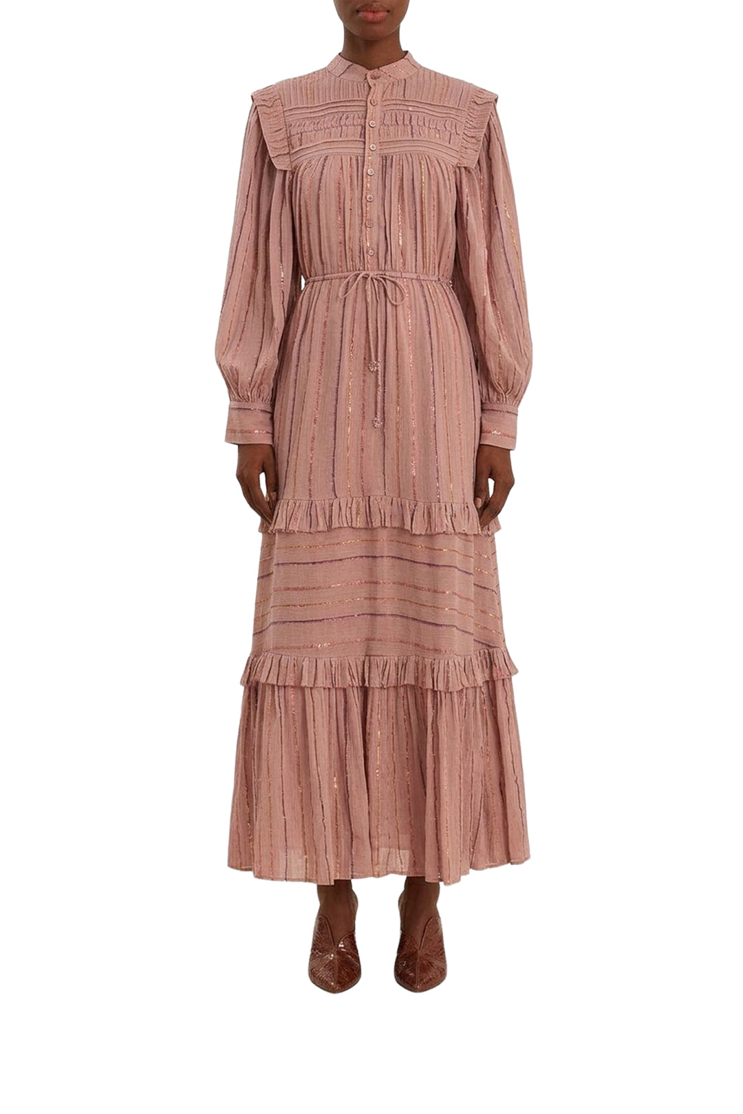 Robe longue à volants et empiècement plissé en coton - Rose