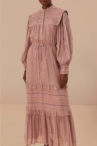 Robe longue à volants et empiècement plissé en coton - Rose