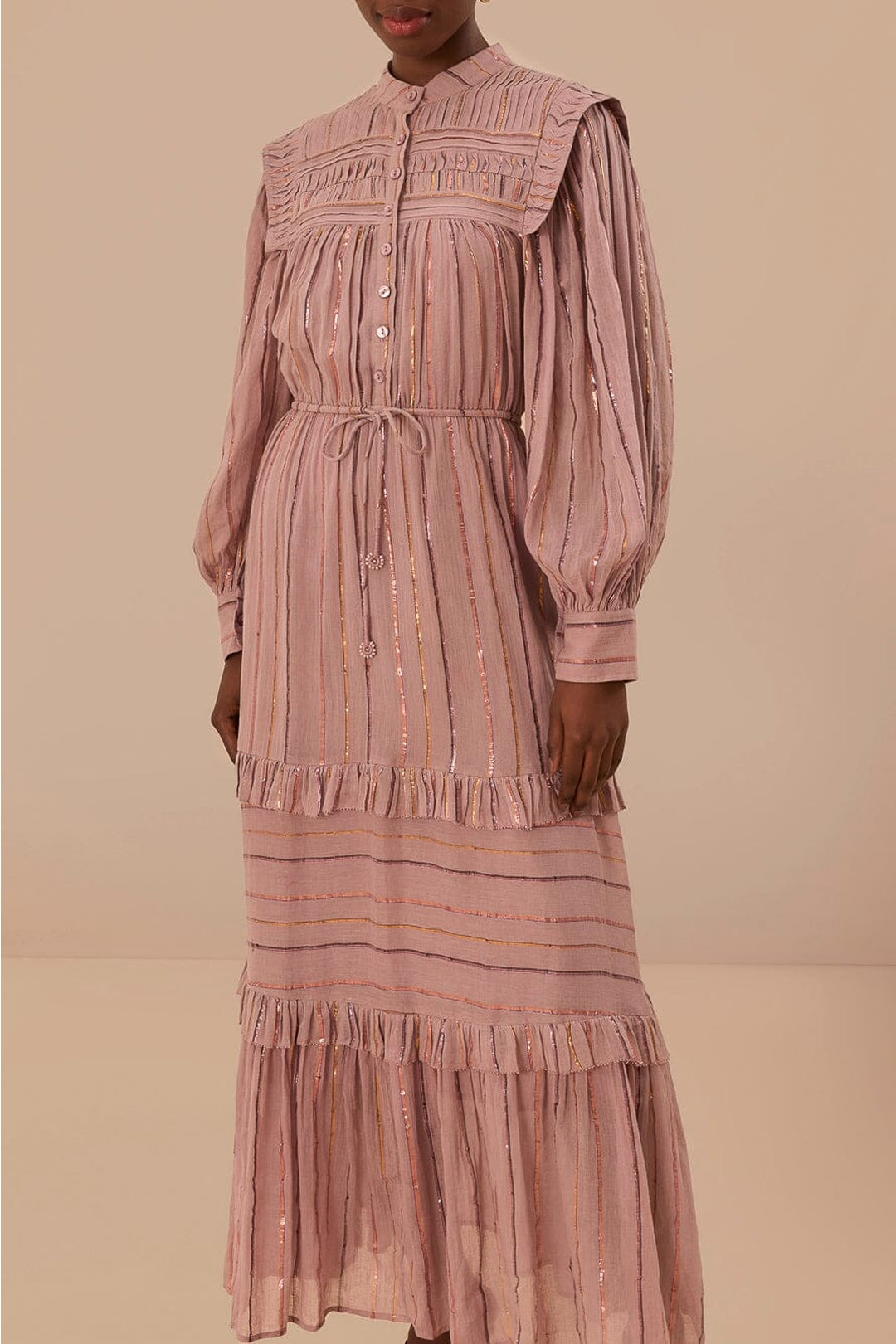 Robe longue à volants et empiècement plissé en coton - Rose