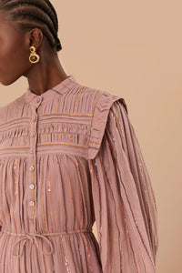 Robe longue à volants et empiècement plissé en coton - Rose