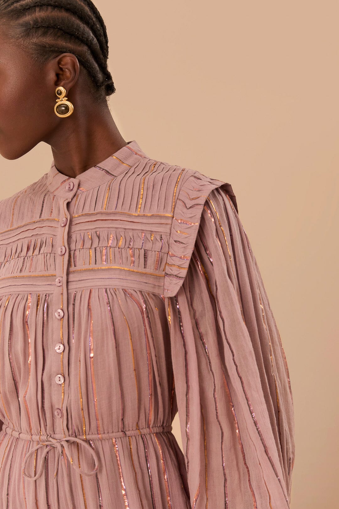 Robe longue à volants et empiècement plissé en coton - Rose