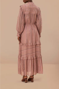 Robe longue à volants et empiècement plissé en coton - Rose