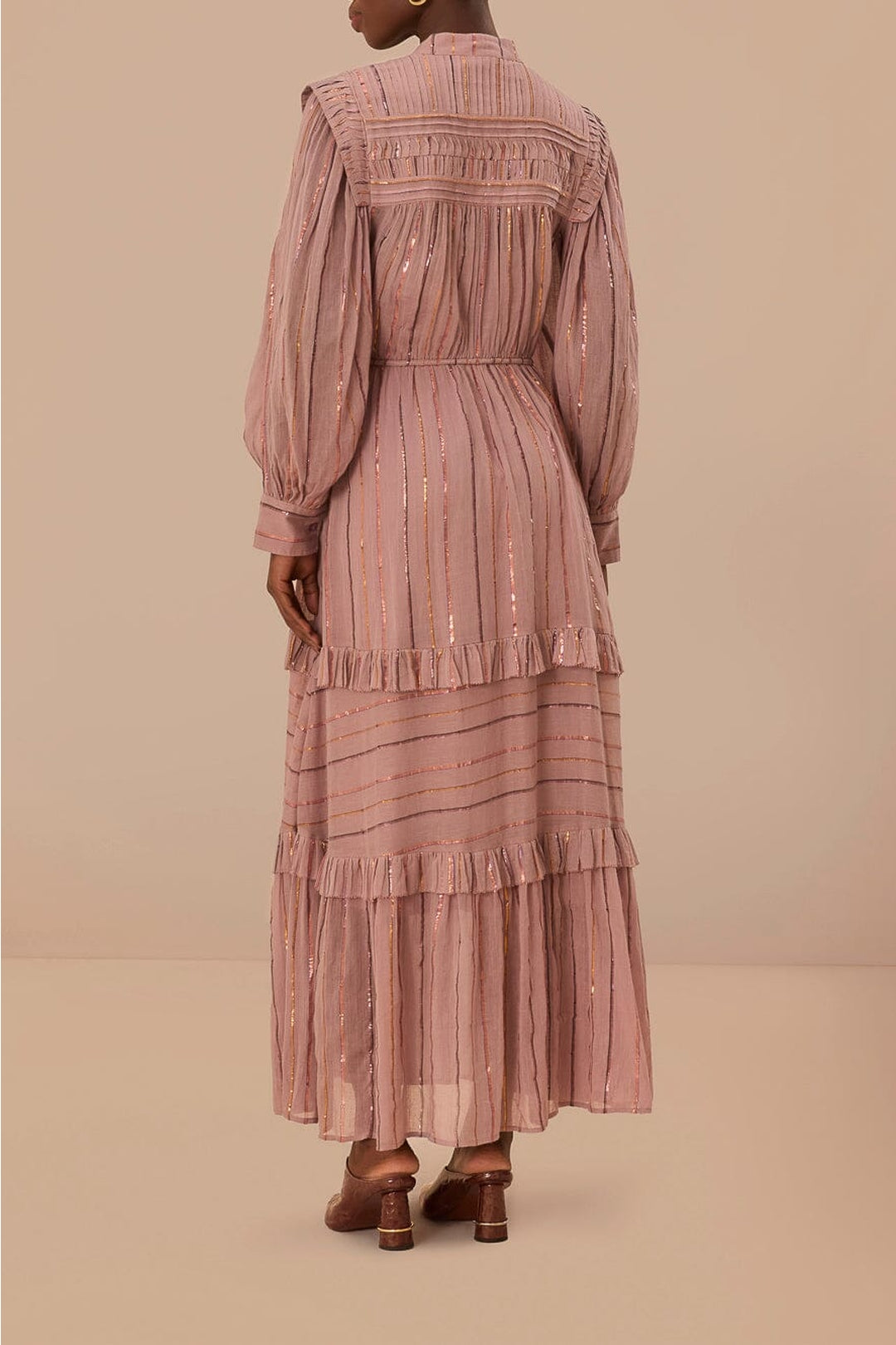 Robe longue à volants et empiècement plissé en coton - Rose