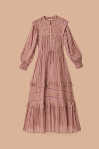 Robe longue à volants et empiècement plissé en coton - Rose