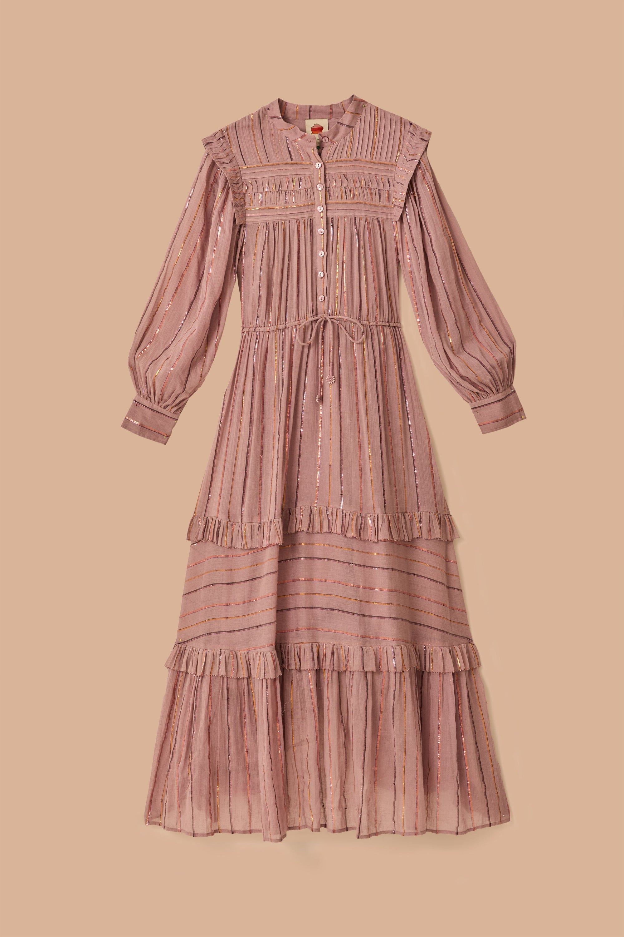 Robe longue à volants et empiècement plissé en coton - Rose