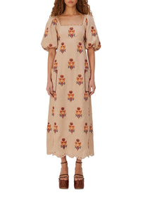 Macaw embroidered long dress in linen - Beige