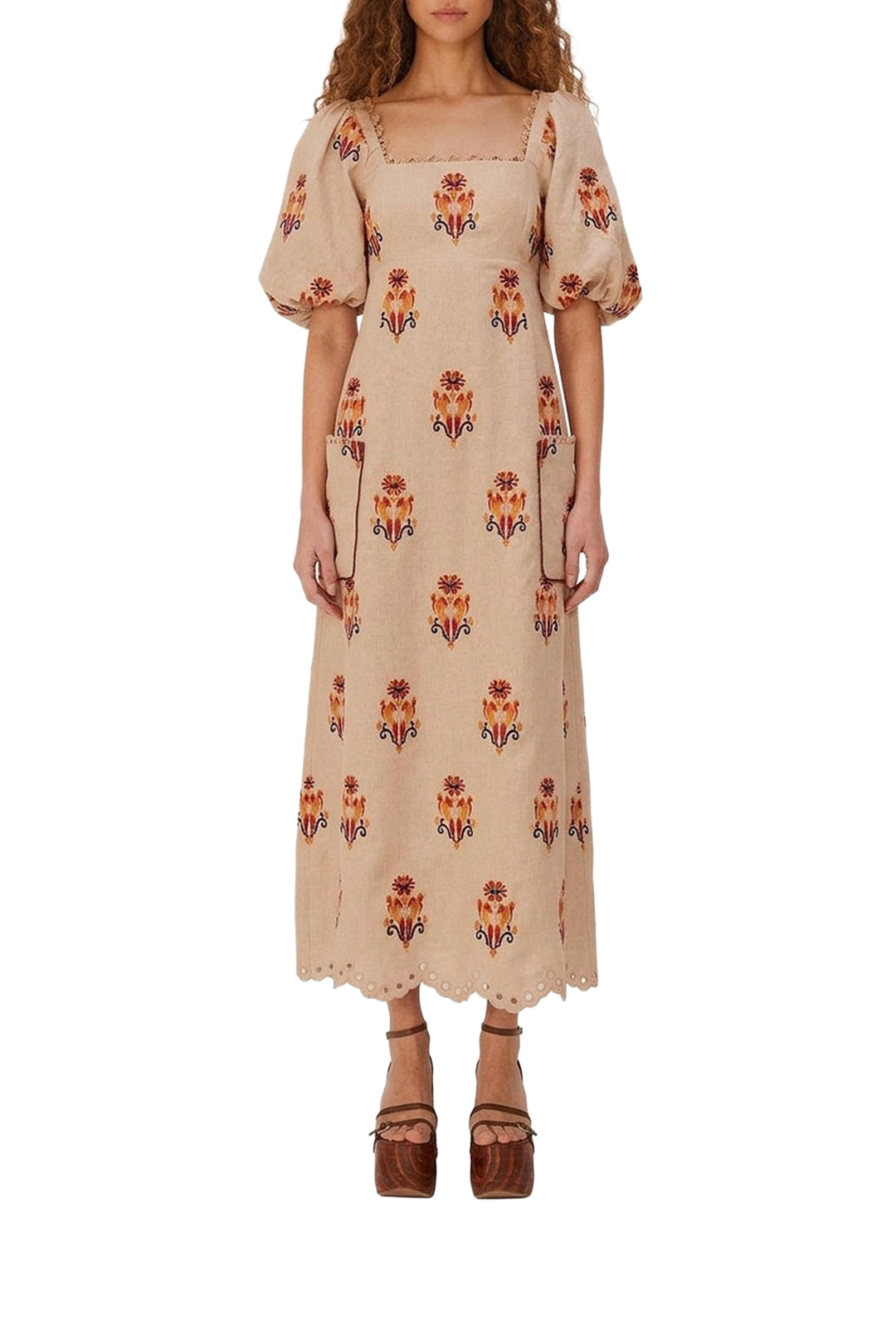 Macaw embroidered long dress in linen - Beige