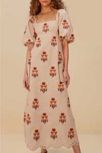 Macaw embroidered long dress in linen - Beige