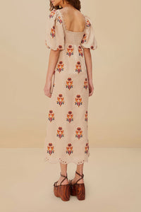 Macaw embroidered long dress in linen - Beige