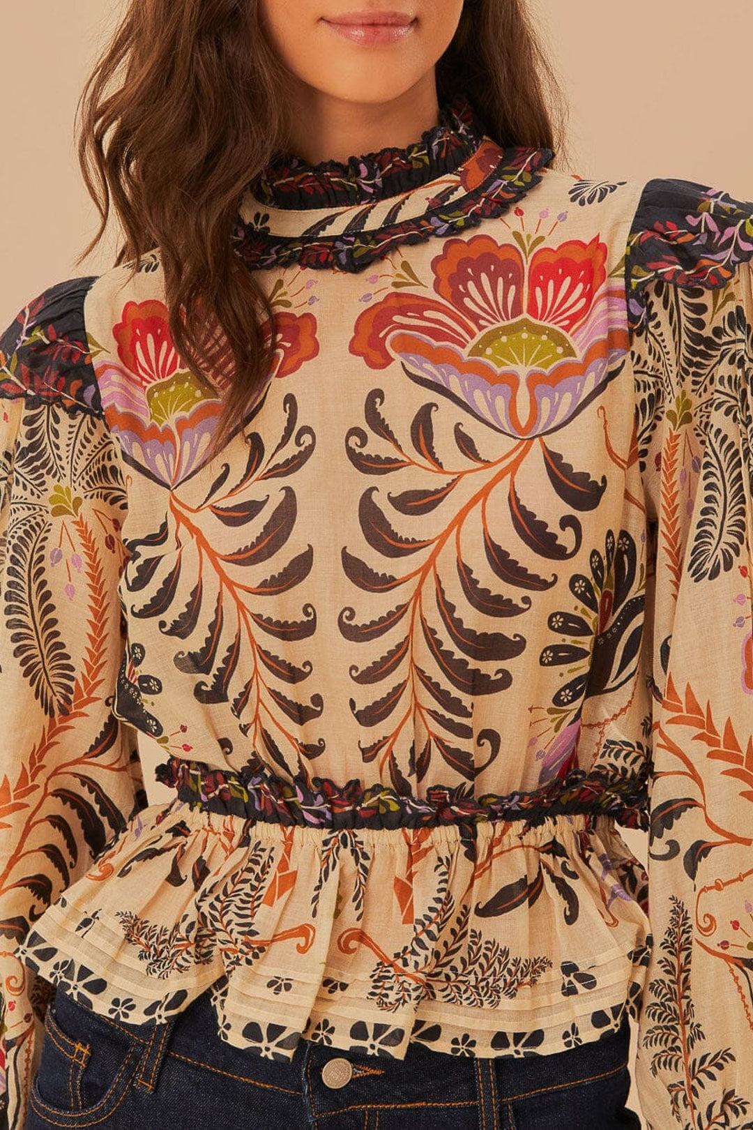 Blouse à manches longues et volants brodés en coton - Beige