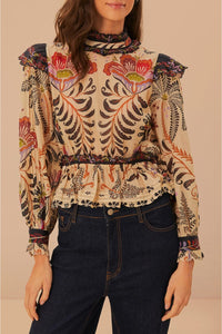 Blouse à manches longues et volants brodés en coton - Beige