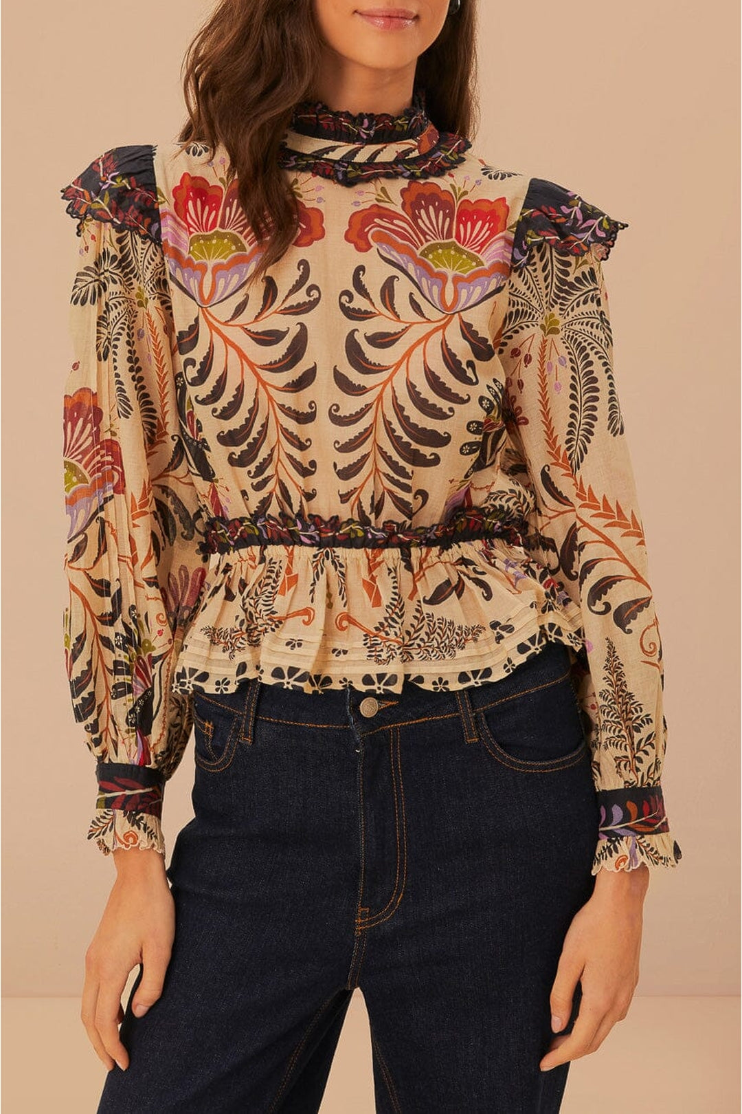 Blouse à manches longues et volants brodés en coton - Beige