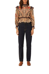 Blouse à manches longues et volants brodés en coton - Beige