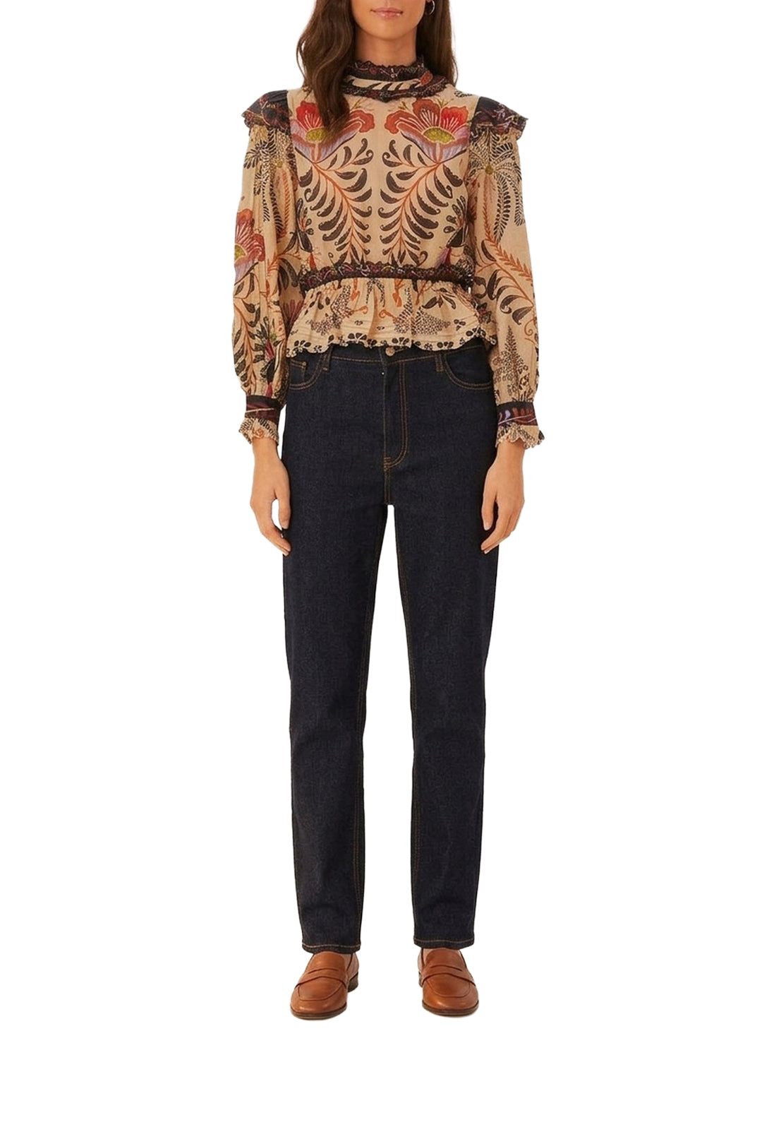 Blouse à manches longues et volants brodés en coton - Beige