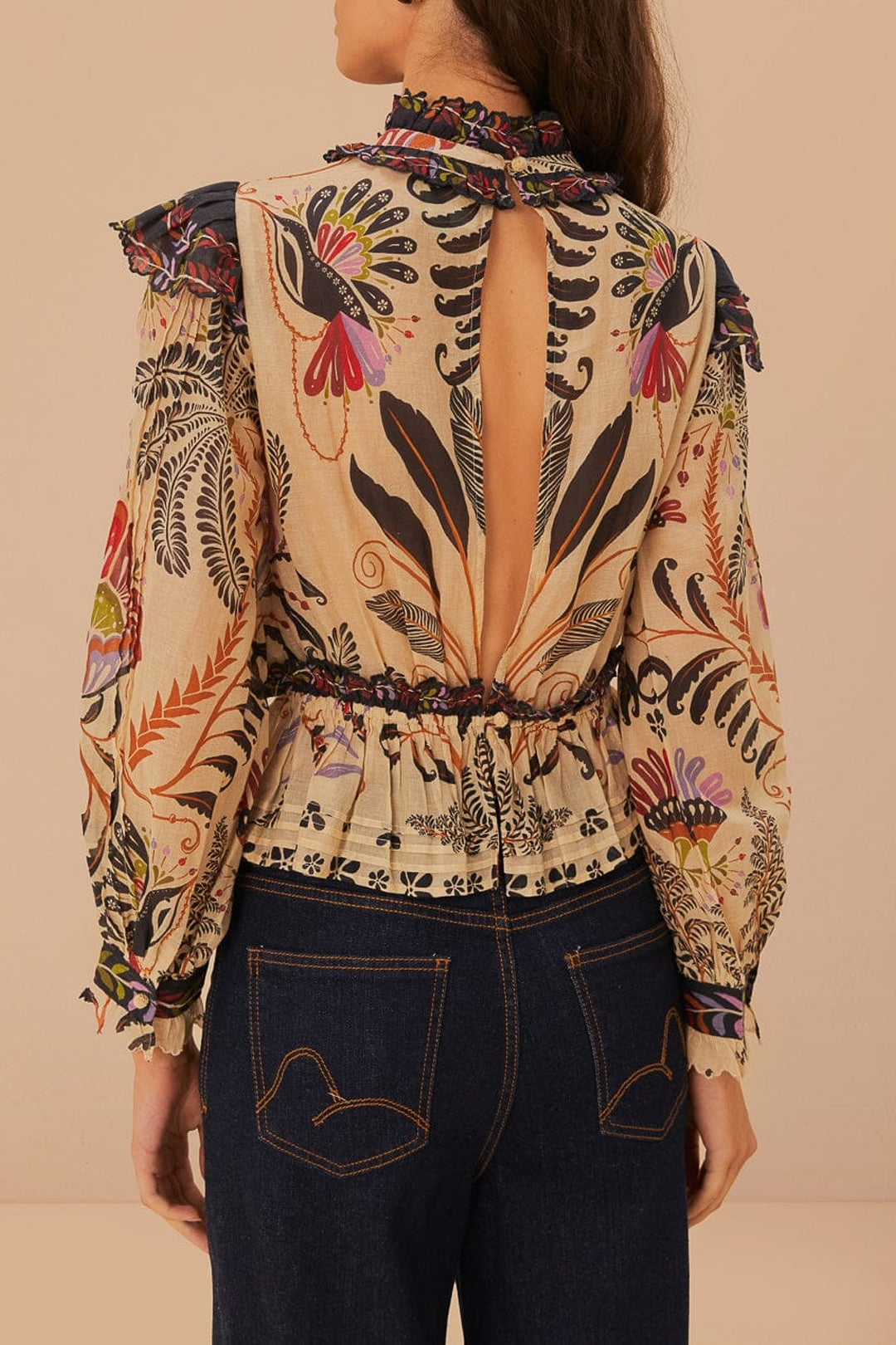 Blouse à manches longues et volants brodés en coton - Beige