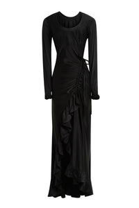 Asymmetric dress with drape and ruffles - Black