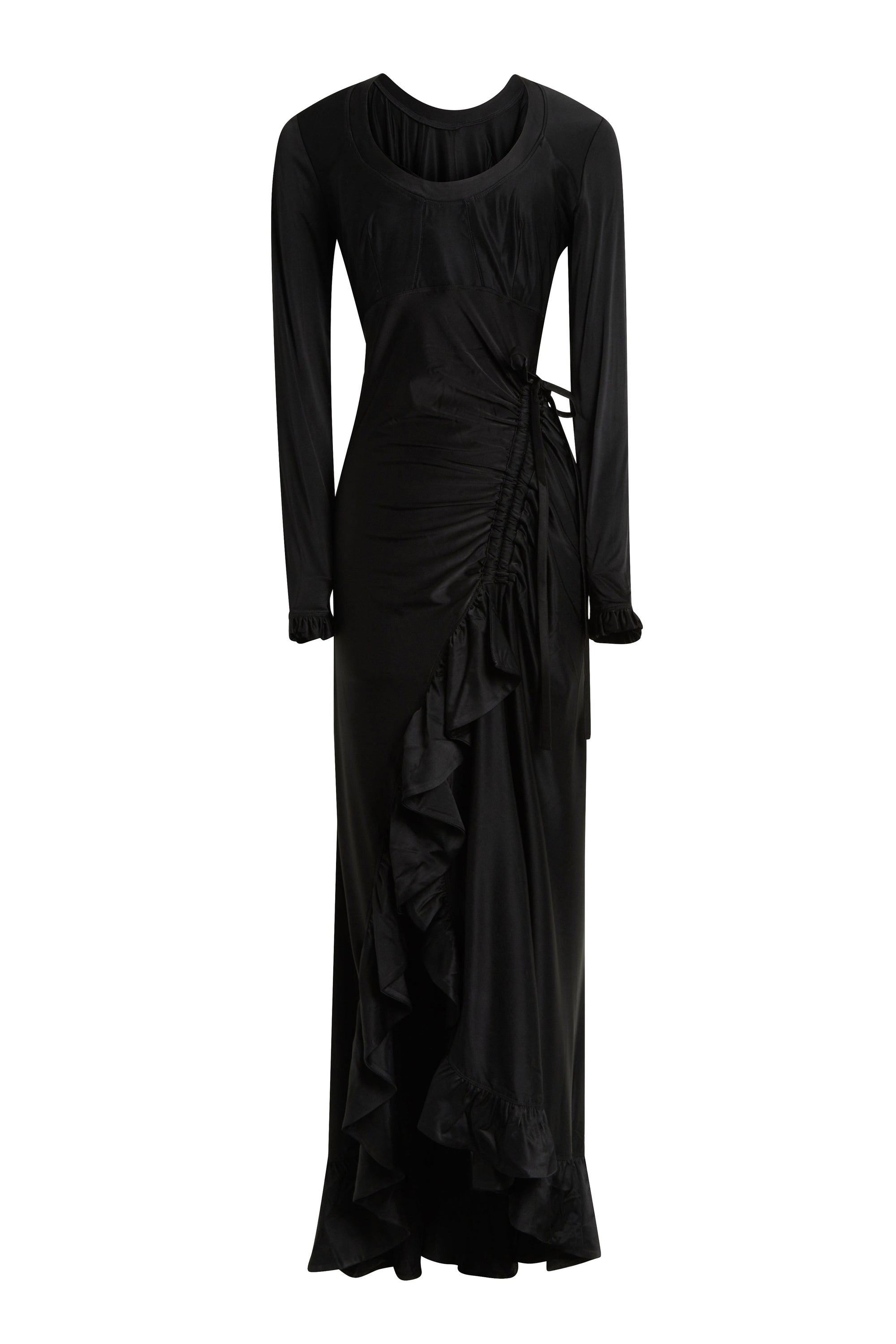 Asymmetric dress with drape and ruffles - Black