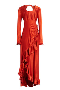 Asymmetrical dress with drape and ruffles - Paprika