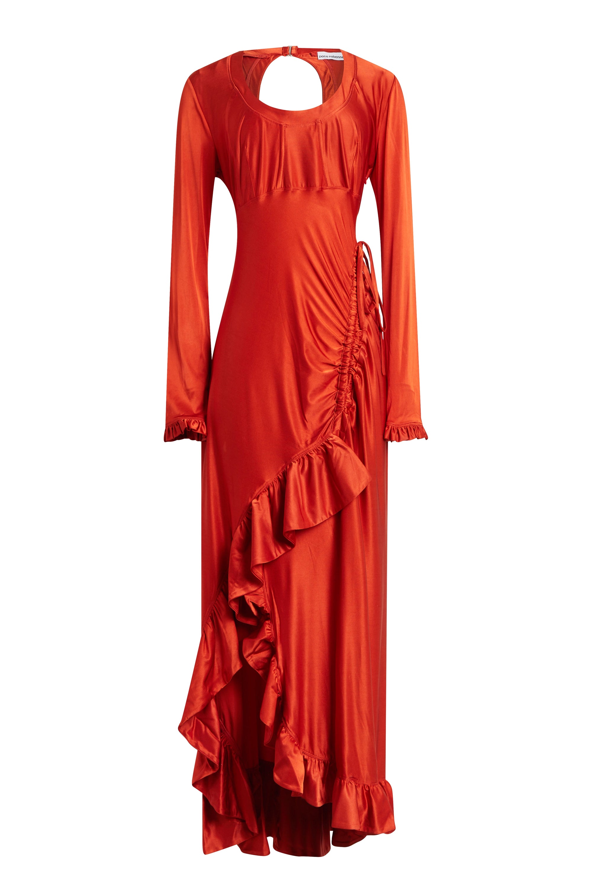 Asymmetrical dress with drape and ruffles - Paprika