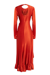 Asymmetrical dress with drape and ruffles - Paprika
