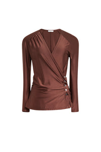 Blouse drapée à manches longues scintillante - Chocolat