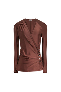 Draped blouse with glittering long sleeves - Chocolate